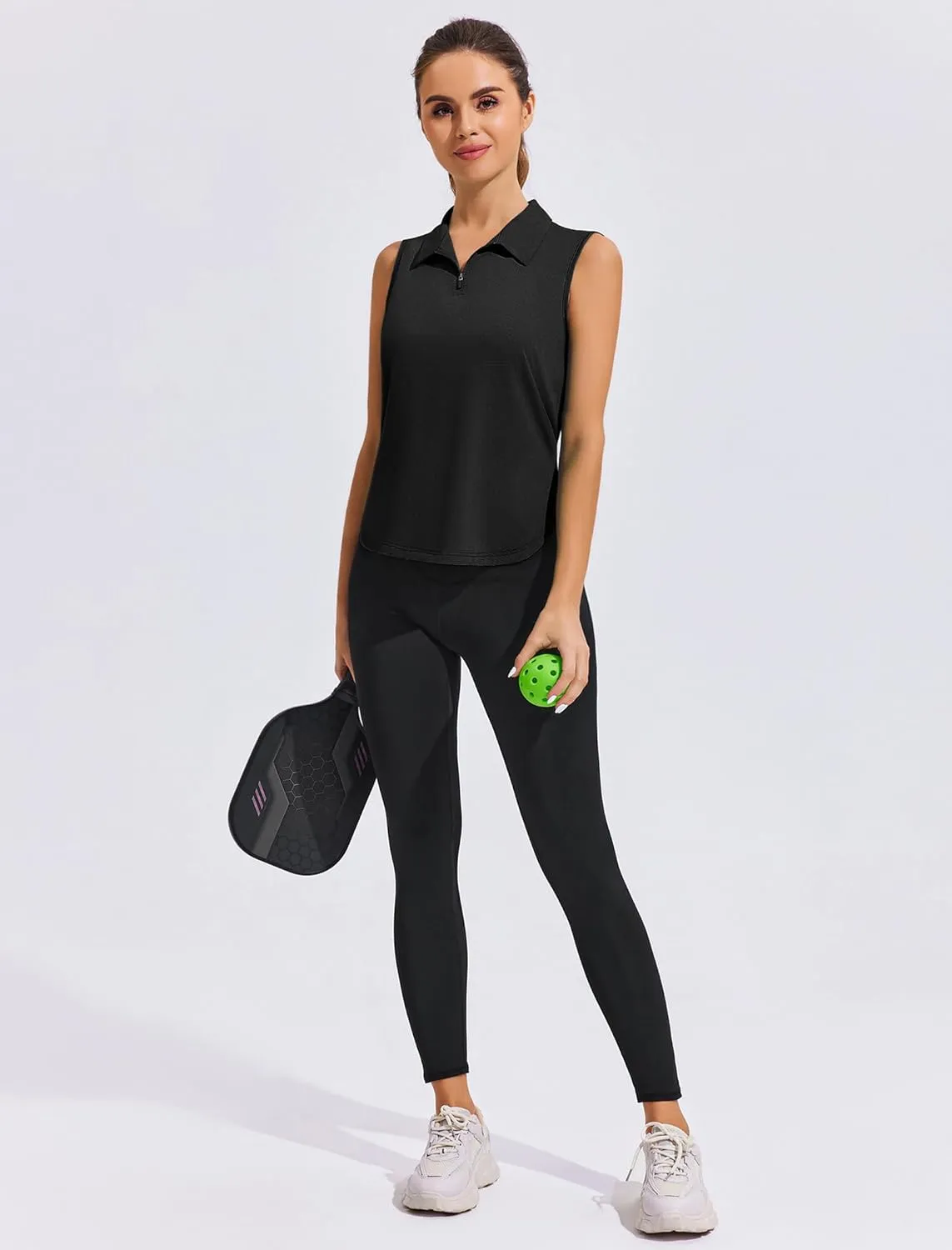 PINSPARK Women Golf Shirts Sleeveless UPF 50  Tennis Polo V-Neck Quick Dry Athletic T Shirt 1/4 Zip Collar Workout Tank Top