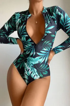 Plant Print Zipper Long Sleeve UPF50  Rash Guard