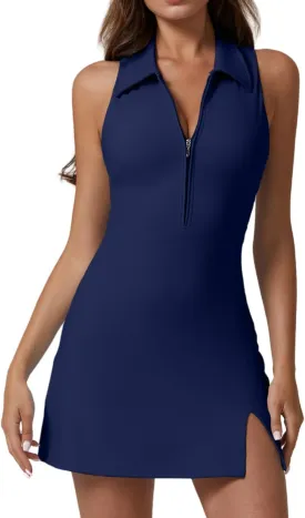 QINSEN Womens Zip Front Tennis Dress Polo Collar Racer Back Workout Golf Dresses Build in Shorts with Pockets