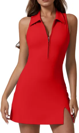 QINSEN Womens Zip Front Tennis Dress Polo Collar Racer Back Workout Golf Dresses Build in Shorts with Pockets