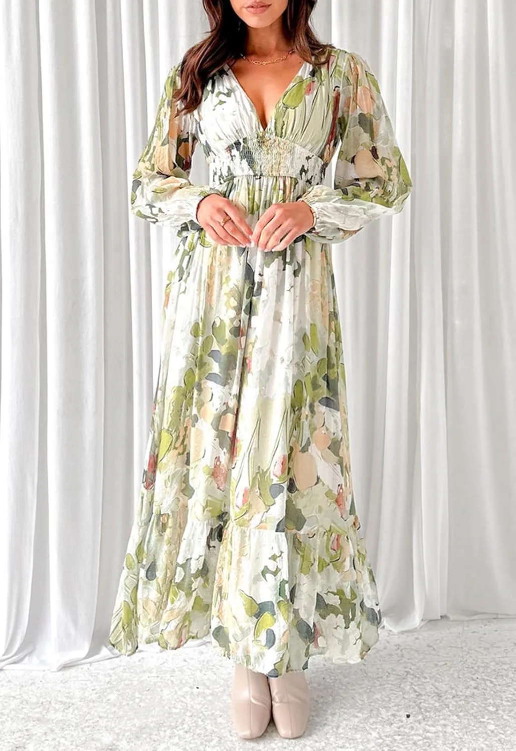 Sissyaki Women's Long Sleeve Boho Floral Maxi Dress Smocked Beach Flowy Dress