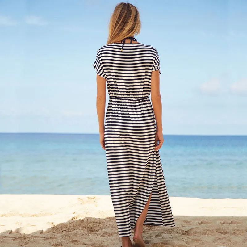 V Neck Striped Beach Dress #V Neck #Striped