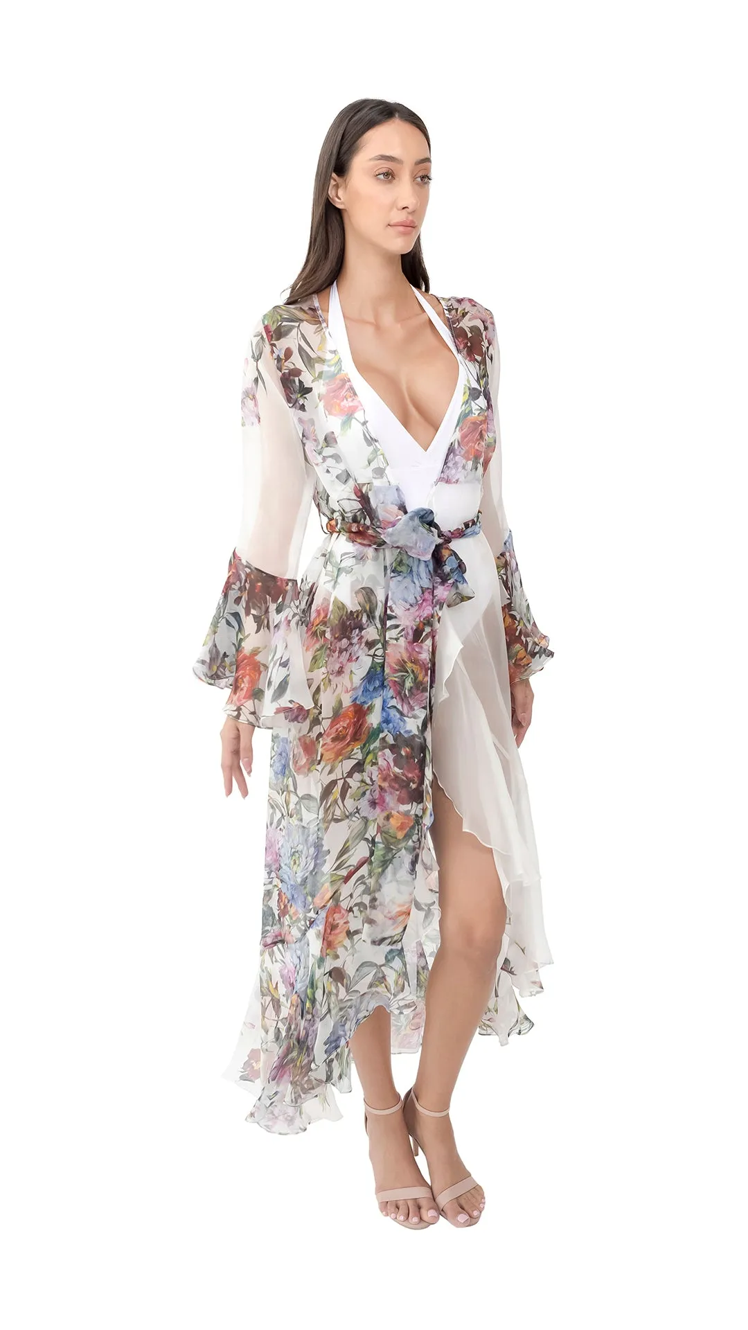 White Flower Organza Long Robe with Long  Sleeves