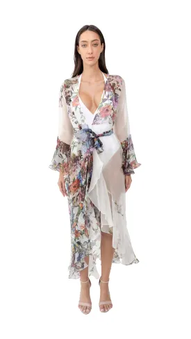 White Flower Organza Long Robe with Long  Sleeves