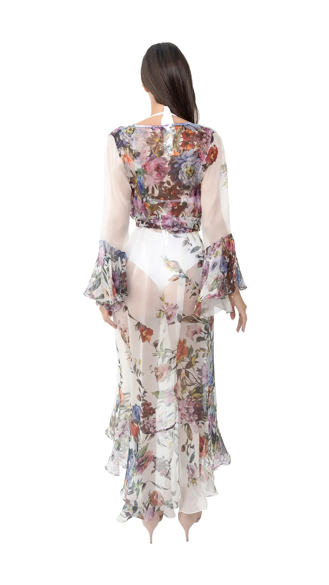 White Flower Organza Long Robe with Long  Sleeves