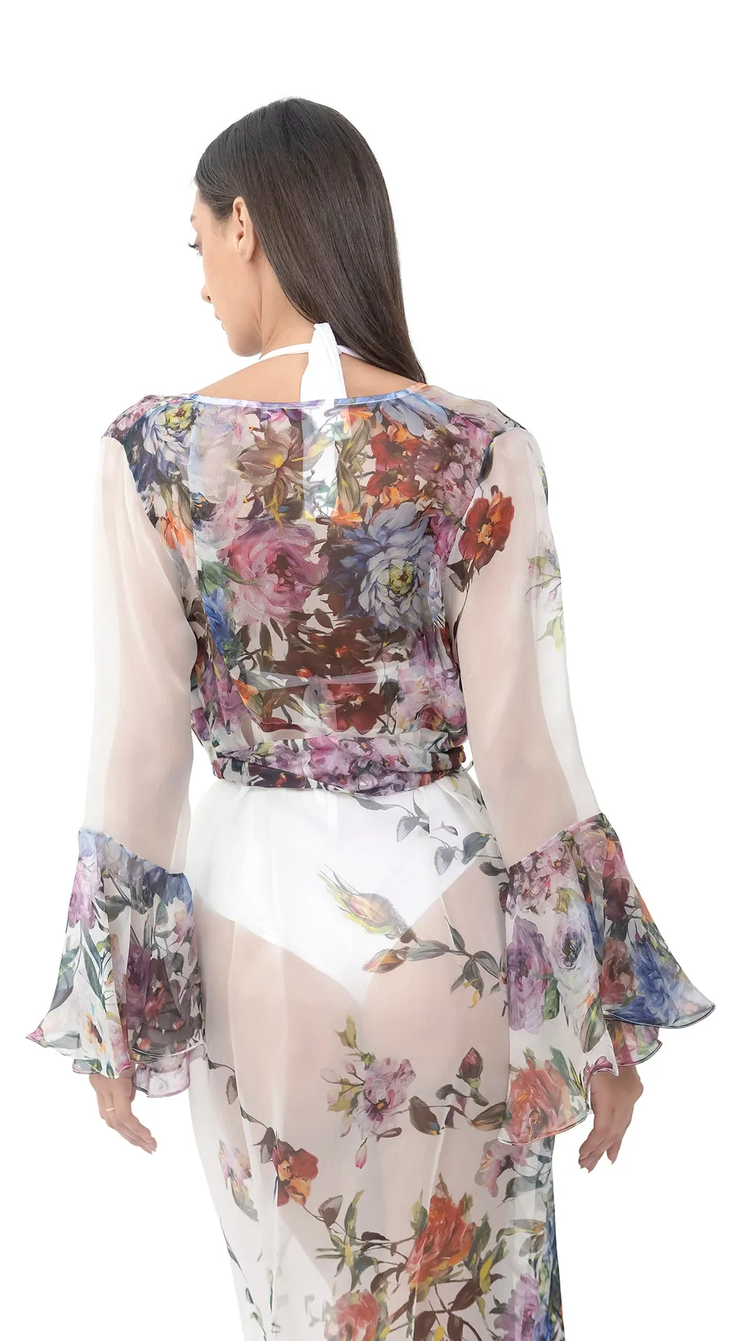 White Flower Organza Long Robe with Long  Sleeves