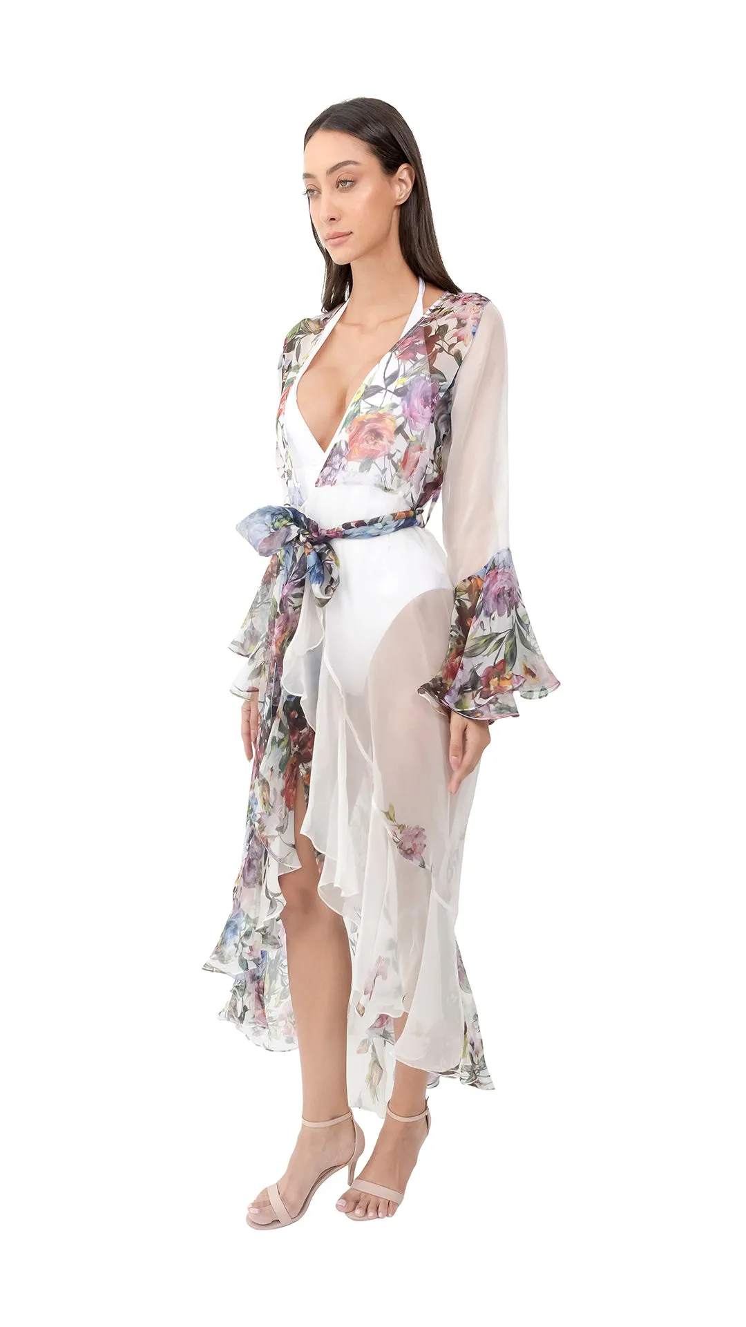 White Flower Organza Long Robe with Long  Sleeves