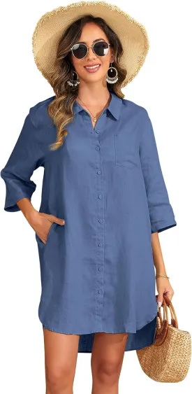 Women's 100% Linen Button Down Shirt Dress with Pockets Oversize Collared 3/4 Sleeve High Low Tunic Dresses Blouse