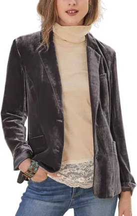 Womens Velvet Blazer Cozy Lightweight Outerwear Retro Button Long Sleeve Jacket Cardigan Coat Top Office Blazer Pockets