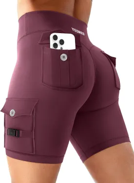 YEOREO CoreFlex Women Workout Biker Shorts with Cargo Pockets Hidden Scrunch High Waisted 8" Inseam Gym Shorts