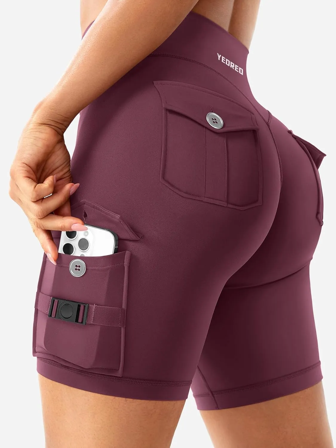 YEOREO CoreFlex Women Workout Biker Shorts with Cargo Pockets Hidden Scrunch High Waisted 8" Inseam Gym Shorts