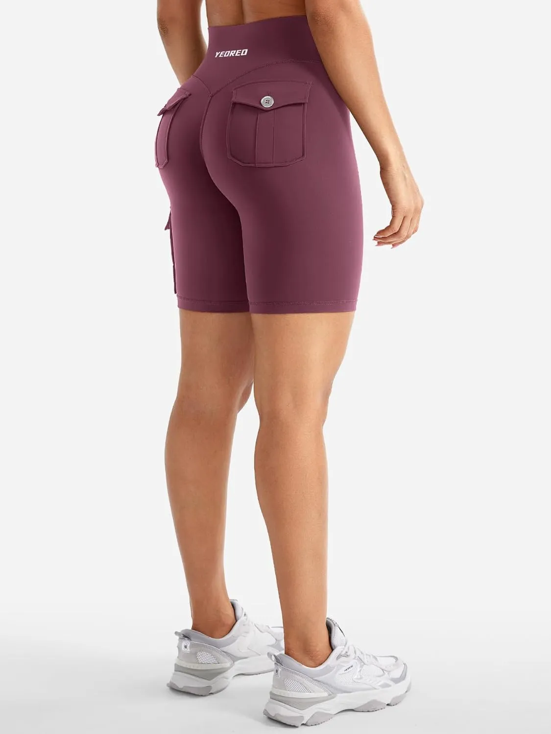 YEOREO CoreFlex Women Workout Biker Shorts with Cargo Pockets Hidden Scrunch High Waisted 8" Inseam Gym Shorts