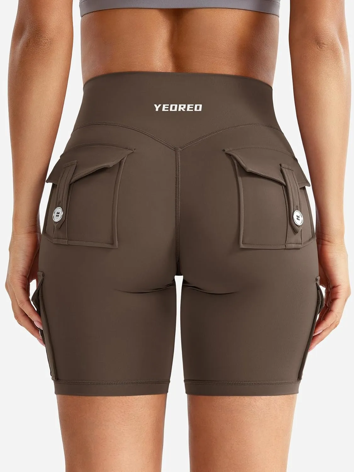 YEOREO CoreFlex Women Workout Biker Shorts with Cargo Pockets Hidden Scrunch High Waisted 8" Inseam Gym Shorts