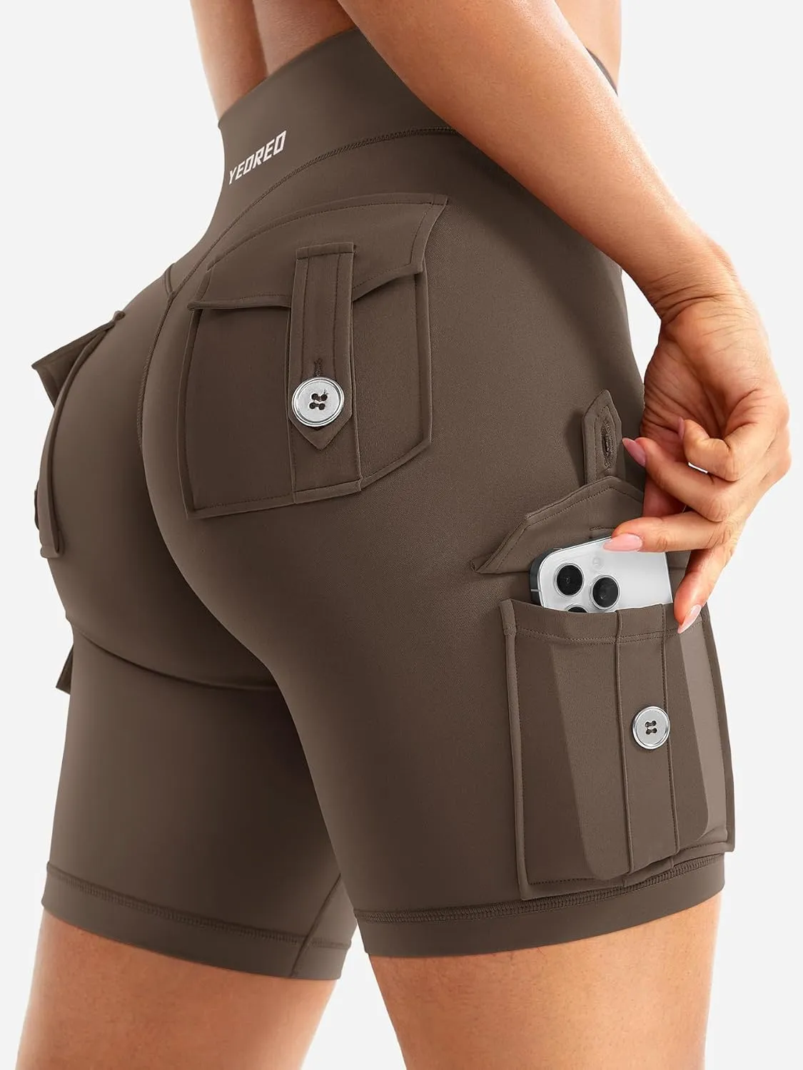 YEOREO CoreFlex Women Workout Biker Shorts with Cargo Pockets Hidden Scrunch High Waisted 8" Inseam Gym Shorts
