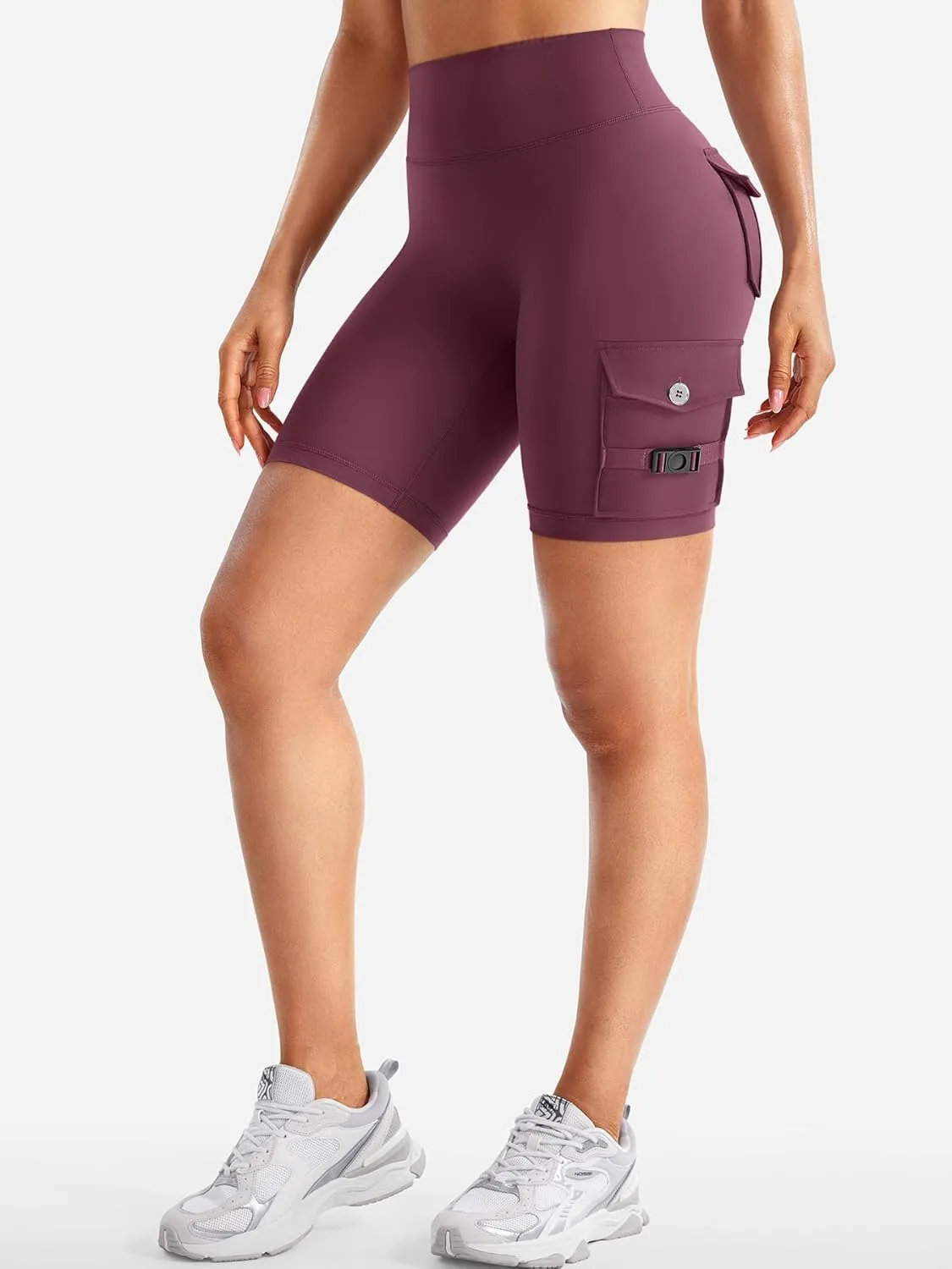 YEOREO CoreFlex Women Workout Biker Shorts with Cargo Pockets Hidden Scrunch High Waisted 8" Inseam Gym Shorts