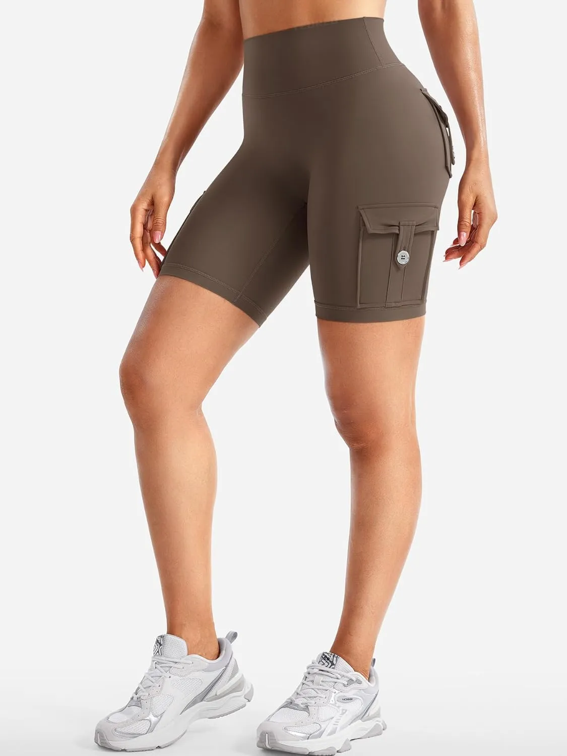 YEOREO CoreFlex Women Workout Biker Shorts with Cargo Pockets Hidden Scrunch High Waisted 8" Inseam Gym Shorts