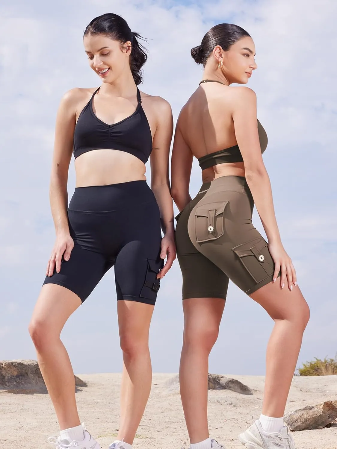 YEOREO CoreFlex Women Workout Biker Shorts with Cargo Pockets Hidden Scrunch High Waisted 8" Inseam Gym Shorts