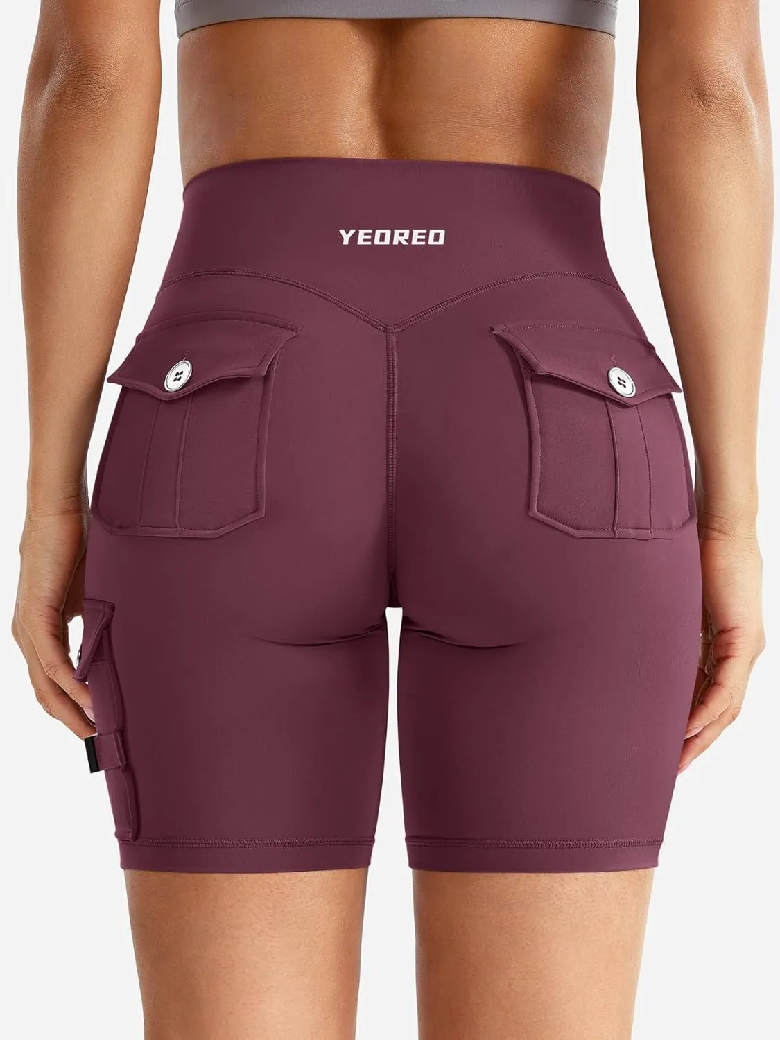YEOREO CoreFlex Women Workout Biker Shorts with Cargo Pockets Hidden Scrunch High Waisted 8" Inseam Gym Shorts