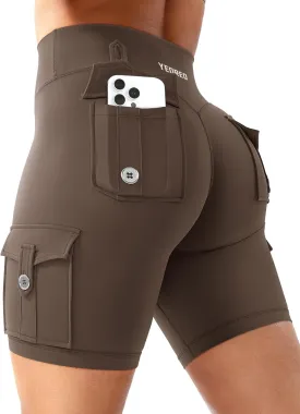 YEOREO CoreFlex Women Workout Biker Shorts with Cargo Pockets Hidden Scrunch High Waisted 8" Inseam Gym Shorts